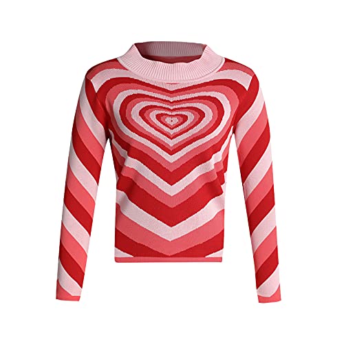 Image of Women Cute Heart Sweater Top Love Heart Printing Valentines Day Knitted Pullover Top Long Sleeve Loose Sweatshirt