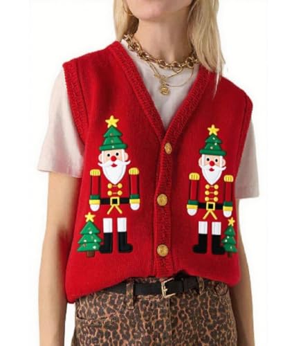 Image of Women Christmas Knit Vest Top Santa Embroidery Sleeveless Button Down Sweater Vest Xmas Snowman Cardigans Tank Top