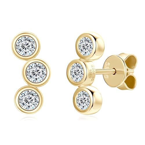 3-Stones Bezel Stud Earrings, 3MM D Color Round Cut Moissanite, 925 Sterling Silver Earrings Elegant Jewelry Gifts for Women, Wife, Mom - Gold