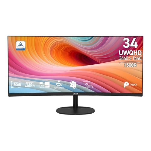 msi PRO MP341CQ E12 34-inch VA 3440 x 1440(UWQHD) Computer Monitor, 120Hz, Adaptive-Sync, HDMI, DisplayPort, VESA Mountable, Speaker, 1ms, Black