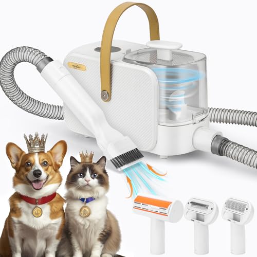 2.0L Dog Grooming Kit, Pet Grooming Kit & Vacuum Suction 99% Pet Hair Groomer, Professional Slicker Brush with 4 Proven Grooming Tools for Dogs Cats, Quiet Pet Vacuum Groomer (Whtie)