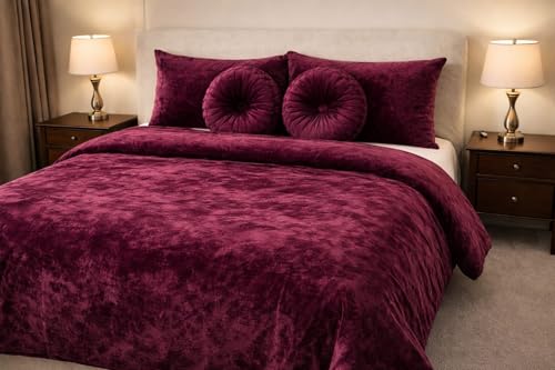 Image of Sands Luxurious 6Pc Bedding Set for Winter, 1 Double Duvet Cover,1 Double Bed bedsheet, 2 Pillow Covers, 2 Round Cushions, Ultra Soft Woollen Bedsheet Set- 90X100 inches (Wine)