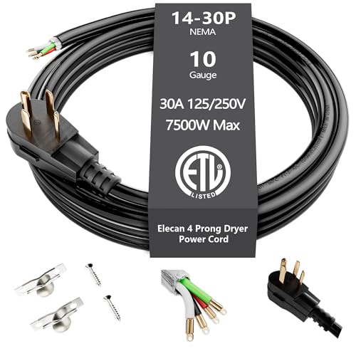 Elecan 4-Prong Dryer Power Cord 4 Ft Black, 30 Amp Appliance Power Cord with Dryer Replacement Plug...