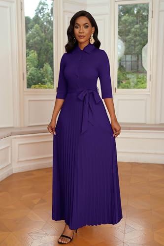 Image of Runwind Maxi Dresses for Women, 3 /4 Sleeve Botton Down Pleated Long Dress with Belt Casual Church Dress with Pockets