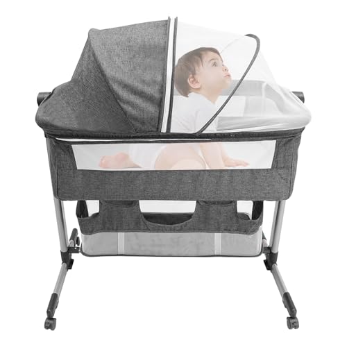 ACROSSPART Cuna portátil para bebé, cuna auxiliar para bebé con mosquitera y ruedas, cuna de viaje extraíble con colchón, altura ajustable para bebés de 0 a 18 meses