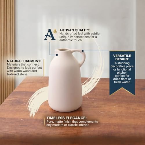 Image of Ceramic Jug Vase for Home Decor Matte White Decorative Flower Vase with Handle Nordic Farmhouse Vase for Pampas Grass, Dried & Artificial Flowers Living Room, Bedroom & Office