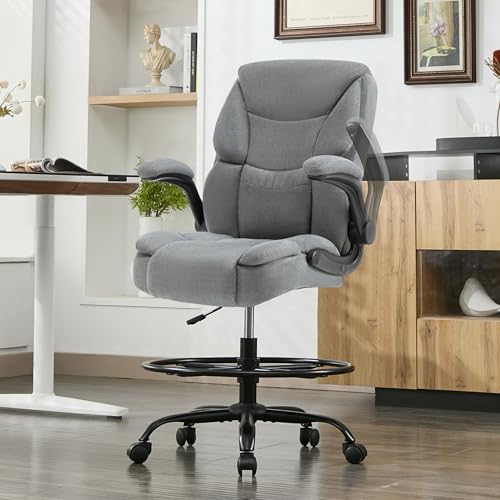 Image of 500LBS Drafting Chair, High Back Safer Standing Desk Chair, Executive Tall Office Chair with Flip-up Armrests, Upholstered Fabric Task Chair, Ergonomic Seat with Adjustable Height&Foot Ring, Grey