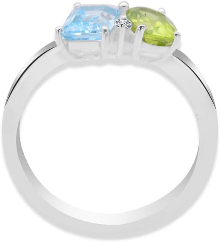 925 Sterling Silver Birthstones Peridot, Rhodolite Garnet, White-Blue Topaz, Black Spinel Oval-Octagon & Round Cut 7x5mm & 2mm Gemstones Toi Et Moi Ring Jewelry For Women