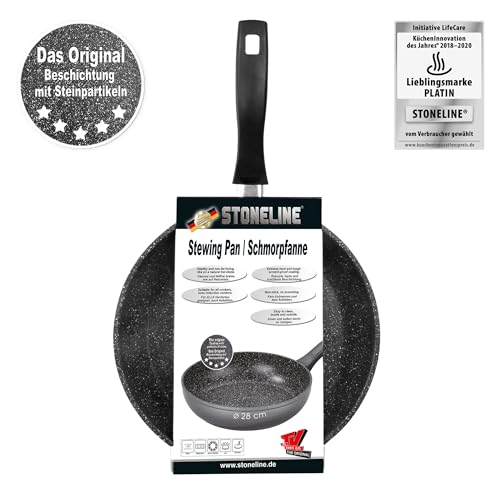 Foto von STONELINE Schmorpfanne 28 cm hoher Rand, Aluguss, Schmorpfanne beschichtet mit echten Steinpartikeln, geeignet für Backofen und Induktion, ohne Fett und Öl braten, grau