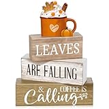 Lineshading 4 Pcs Fall Decorations for Home Thanksgiving Tiered Tray Decor Fall Tabletop Decor Thanksgiving Centerpiece Rustic Wood Hot Cocoa Cup Block Sign for Autumn Table Mantel Decorations