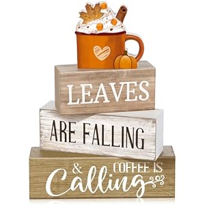Lineshading 4 Pcs Fall Coffee Table Decor Wooden Pumpkin Latte Block Signs