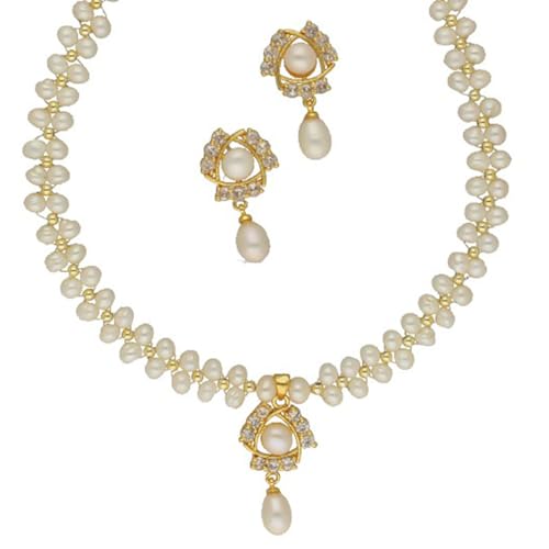 Sri Jagdamba Pearls Elegance White Pearl Necklace Set Gift For wo...