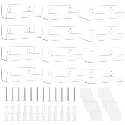 12Pcs Clear Acrylic Vinyl Record Wall Mount Shelves Floating Album Record Storage Invisible Album Holder CD/Card/Magazine Storage Shelf with Tape for Home Office & Retro Decor Art exhibition