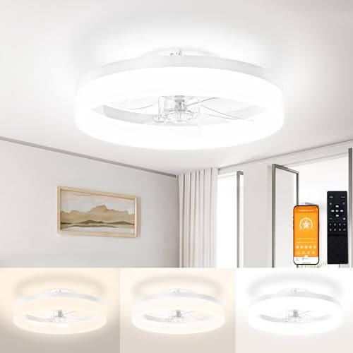 Image of VOLISUN Low Profile Ceiling Fans with Lights and Remote,15.7in Modern Ceiling Fan Flush Mount, 3000K-6500K Dimmable Bladeless LED Fan Light,White Fandelier Ceiling Fans with Lights for Bedroom