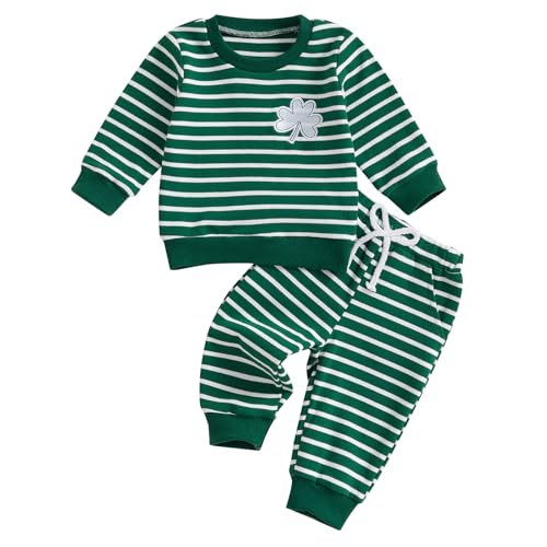 Image of Karuedoo Infant Toddler Baby Boy Girl St Patricks Day Outfit Clover Embroidery Stripe Long Sleeve Sweatshirt and Pants Set