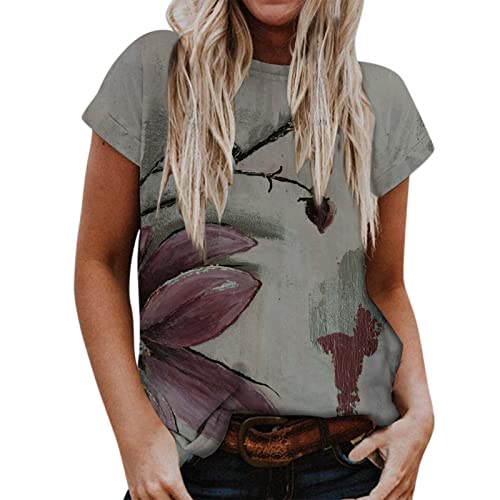 Camiseta de verano para mujer, manga corta, estampado de flores, blusa básica, camiseta de colores con estampado de colores, suelta, cuello redondo, túnica, informal, jersey elegante, camiseta