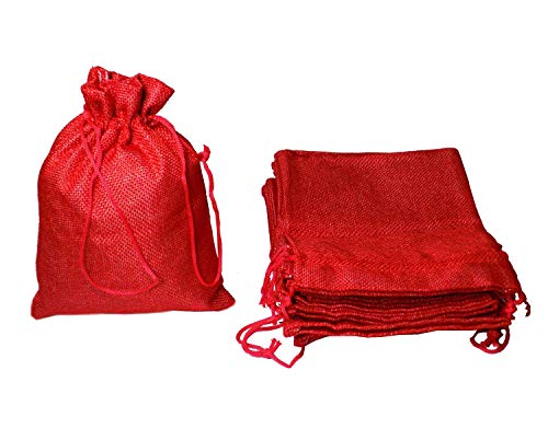 Image of Brown Leaf Premium Red Colour Jute Linen Medium Potli Bags Pouch(7 * 5.4 inch) with Tags Best Gifting Bag for Weeding,Birthday Party & Anniversary (Set of 48)