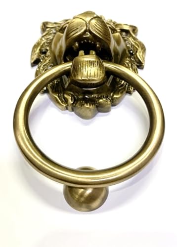 Image of Brass Lion Door Knocker (Lion Face Design) 7.5 inch x 4 inch | Door Knocker for Main Door, Hotel Door, Main Gates | Heavy Duty Brass Lion Door Knocker with Screws (Golden (Pack of 1)) (Large)