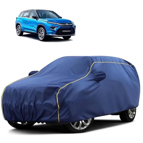 Image of Sulfar 100% Water Resistant Car Body Cover Compatible with Mirror for Toyota Urban Cruiser Hyryder (Triple Stitched, Full Bottom Elastic, Blue Tafetta with Yellow Piping)