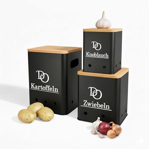 Domi & lo Kartoffel Aufbewahrungsbox 3er Set Zwiebeltopf Kartoffeltopf & Knoblauchtopf Zwiebel Aufbewahrung Kartoffel & Knoblauch Aufbewahrung länger frisch (Schwarz Größe L)