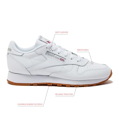 Reebok Classic Leather Sneakers for Women - Black or White Tennis Shoes Womens Size 5 to 12, Footwear White/Pure Grey3/Reebok Gum3, 5.5