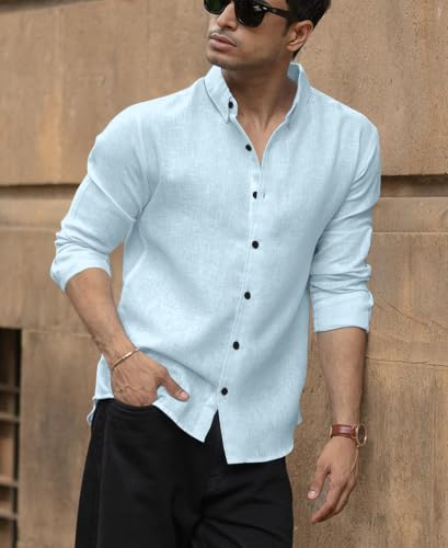 Image of NexaFlair Men's Shirt Regular Fit Solid Pattern Linen Cotton with Long Sleeve Collared Neck Standard Length and Button Down Closure Type | Mens Casual Shirts | Man's Formal Shirts