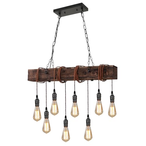 KEESFU 8-Lights Rustic Chandeliers for Dining Room, Farmhouse Wooden Ceiling Pendant Light, Height...