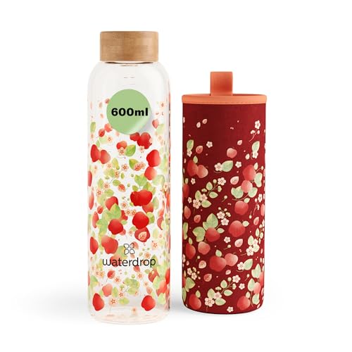 waterdrop® Botella de Agua 600ml – Cristal Borosilicato, Reutilizable y Ecológica, Boca Ancha, 100% Hermética, Sin BPA, Apta para Lavavajillas, Water Bottle, Cantimplora, Ideal Niños y Gimnasio