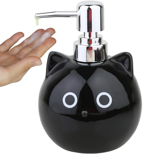 Ceramic Cat Soap Dispenser, 480ml Lotion/Shower Gel Bottle with Metal Pump, Cute Cartoon Animal Hand Sanitizer Bottle, Suitable for Bathroom, Kitchen or Home Decor (Black)