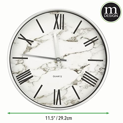 Mdesign Modern Stylish Wall Clock For The Office, Bedroom, Kitchen, Bathroom, 11.5 Inch Diameter, Large Black Numbers On A Marble Background With A Clear Glass Cover - Chrome Frame And Hands #TOP2