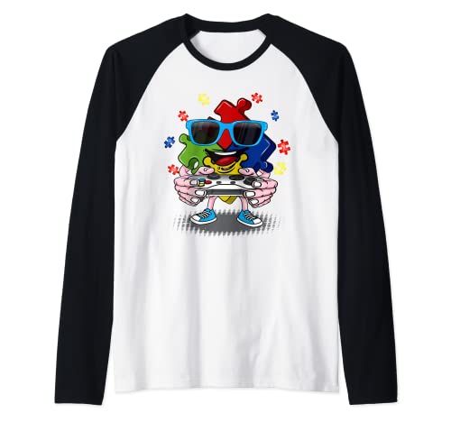 Autismo Conciencia Niños Video Gamer Puzzle Pieza Azul Niños Hombres Camiseta Manga Raglan