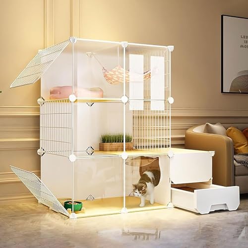 Kanduo キャットハウス 猫ケージベビーサークル、半密閉小動物ケージ猫クレート猫フェンスはしご/トイレボックス/猫の巣/猫の弓付き(107x47x107cm-A)