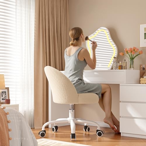 Image of DurayLoly Vanity Chair with Back, Cute Desk Chair with Wheels, Armless Chair with Height Adjustable &360 Swivel, Soft Lumbar Support for Small Space, Bedroom, Light Yellow