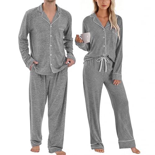 PJGGZ Matching Pajamas for Couples, Button Down Loungewear Soft Warm Long Sleeve Sleepwear His and Hers Pajamas Sets(Women,Dark Grey,M)