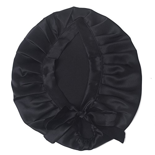 Silk Sleep Caps for Women Girls, EASILK 100% Natural Night Cap Adjustable Bonnet Head Cover for Hair Beauty,Black,L