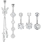RoyalChic Juego de 5 piercings para el ombligo, acero quirúrgico, diseño de mariposa, con colgante de corazón, con piedra de acero inoxidable con circonita, calibre 10, 1,6 mm