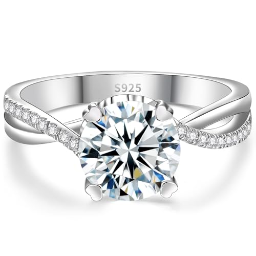 FreeKitee Moissanite Engagement Ring for Women, 2CT D Color VVS1, 925 Sterling Silver with 18K White Gold Plated, Twisted Moissanite Wedding Ring, Anniversary Promise Ring with Gift Box, Size 4.5-9