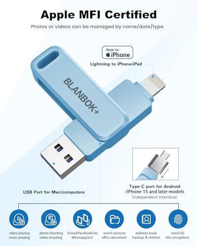 Image of MFi Certified 512GB Flash Drive for iPhone Photo Stick, USB Memory Stick iPhone Flash Drive for Photos Videos, High Speed External Storage USB Stick Thumb Drive for iPhone /iPad /Android /PC(Sky Blue)