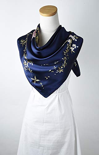 Corciova 4331308467 35 X 35 Large Women Satin Square Silk Feeling Hair Scarf Wrap Headscarf Navy Floral Flowers thumb #2