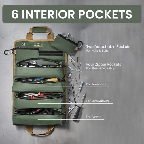 Image of Serplex 900D Tool Bag Portable Roll Up Tool Bag with Handle & Shoulder Strap Multi Compartment Tools with Detachable Zipper Pouch,Multi-Purpose Organizer for Technicians /Mechanics(No Tools)