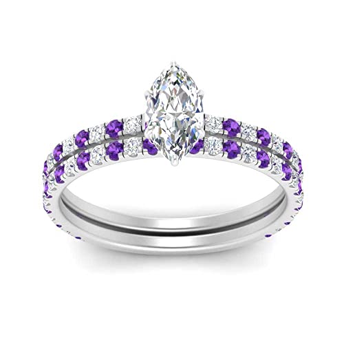 Image of Choose Your Gemstone Three Quarter Diamond CZ Gallery Bridal Ring Set 925 Sterling Silver Marquise Shape Wedding Ring Sets for WomenUS Size 4 to 12