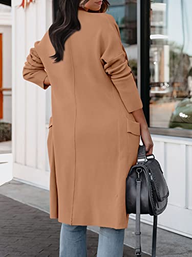 Logene Women's Casual Long Sleeve Draped Open Front Jackets Long Knitted Cardigan Sweater-5L80-Rouxing-L Khaki Pink #TOP3