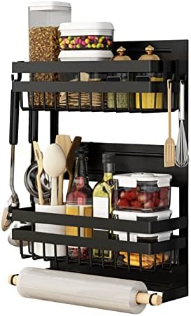 Redwestmelon Magnetic Fridge Spice Rack 3 Tier Kitchen Condiment Seasoning Storage Organizer Shelf, Refrigerator Side Rack with Paper Towel Holder and 4 Removable Mobile Hooks