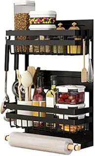 Redwestmelon Magnetic Fridge Spice Rack 3 Tier Kitchen Condiment Seasoning Storage Organizer Shelf, Refrigerator Side Rack with Paper Towel Holder and 4 Removable Mobile Hooks