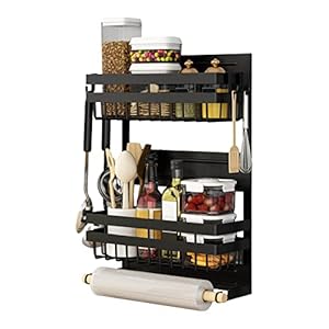 Redwestmelon Magnetic Fridge Spice Rack 3 Tier Kitchen Condiment Seasoning Storage Organizer Shelf, Refrigerator Side Rack with Paper Towel Holder and 4 Removable Mobile Hooks