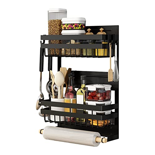 Redwestmelon Magnetic Fridge Spice Rack 3 Tier Kitchen Condiment Seasoning Storage Organizer Shelf, Refrigerator Side Rack with Paper Towel Holder and 4 Removable Mobile Hooks