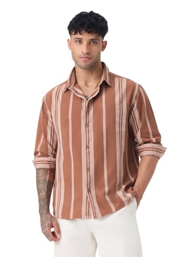 Image of The Souled Store Cotton Linen Stripes: Latte Men and Boys Long Sleeve Spread Collar Brown Striped Casual Easy to Style Everday Office Wear Cotton Linen Shirt