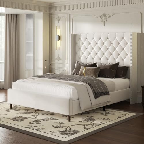 Queen Size Bed Frame, Upholstered Platform Bed with 62" Tall Wingback Headboard, Velvet Modern Luxury Design, No Box Spring Needed, Easy Assembly, Noise Free, Beige