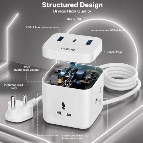 Image of Rapoo SP30 6in1, Heavy Duty Power Extension, 3 AC Socket, 2 USB A, 1 Type C