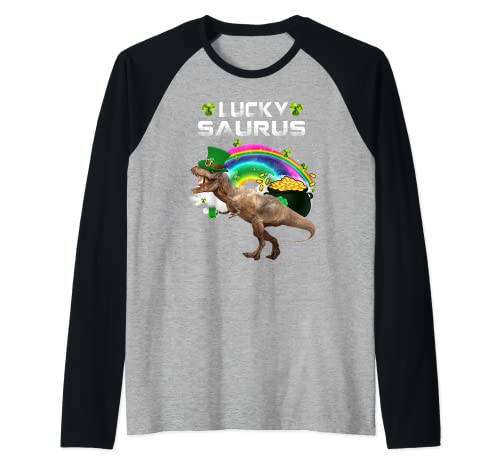 Lucky Saurus Dinosaur Lucky Shamrock Funny St Patricks Day Manche Raglan